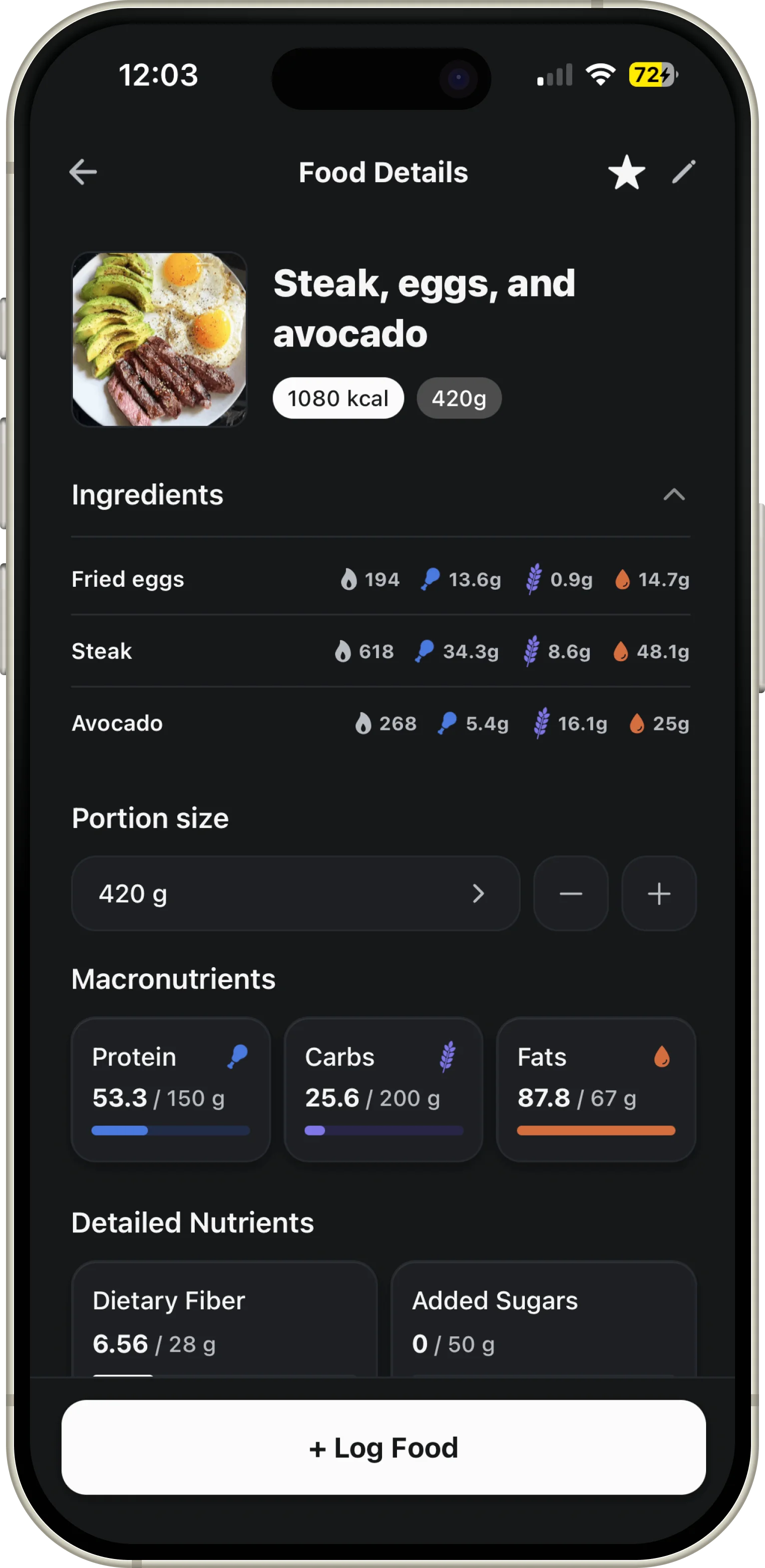 Ness food screen showing a logged meal with estimated calories and macronutrients.