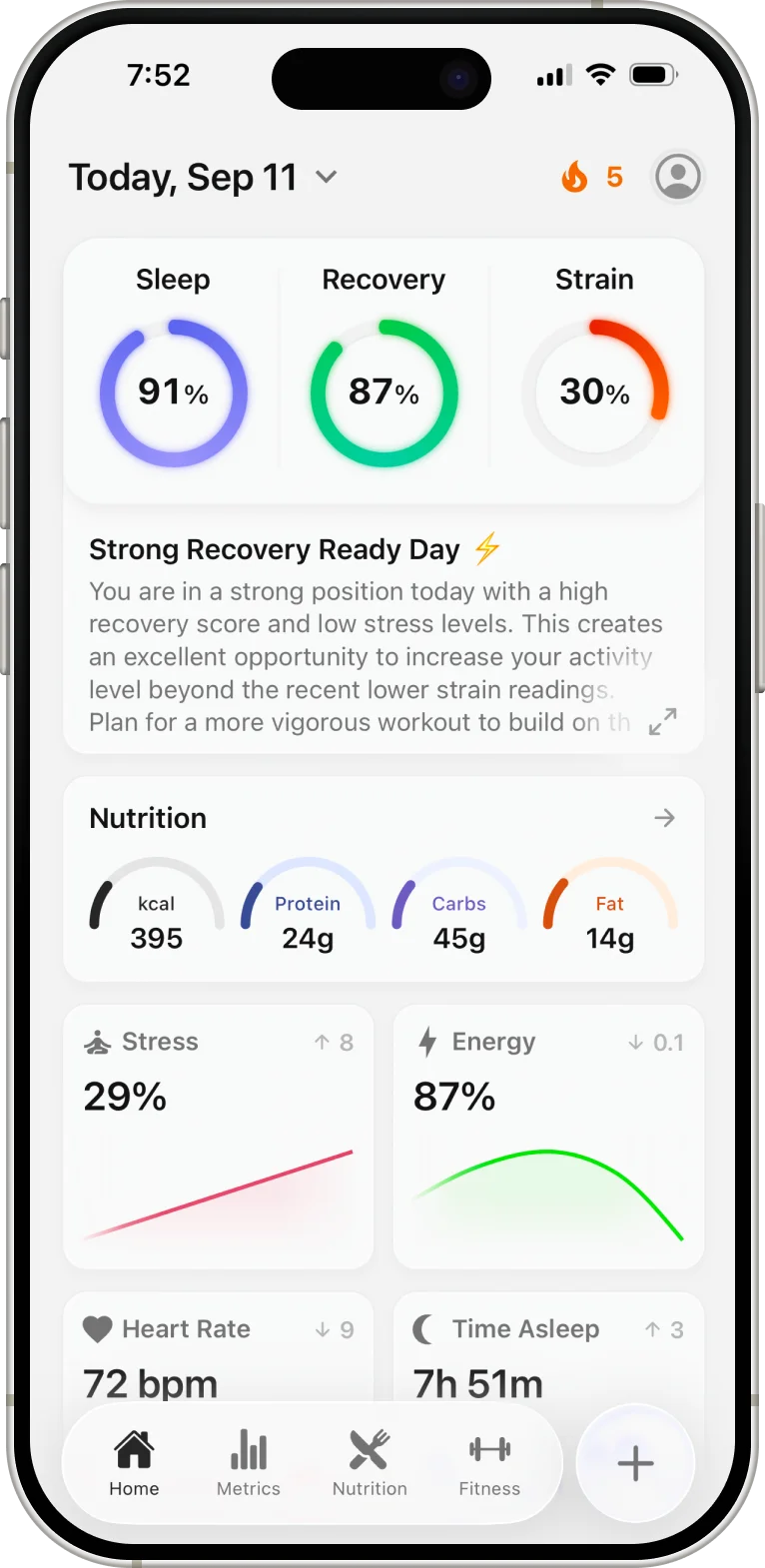 Ness home dashboard showing recovery, sleep, strain, and nutrition scores for today.