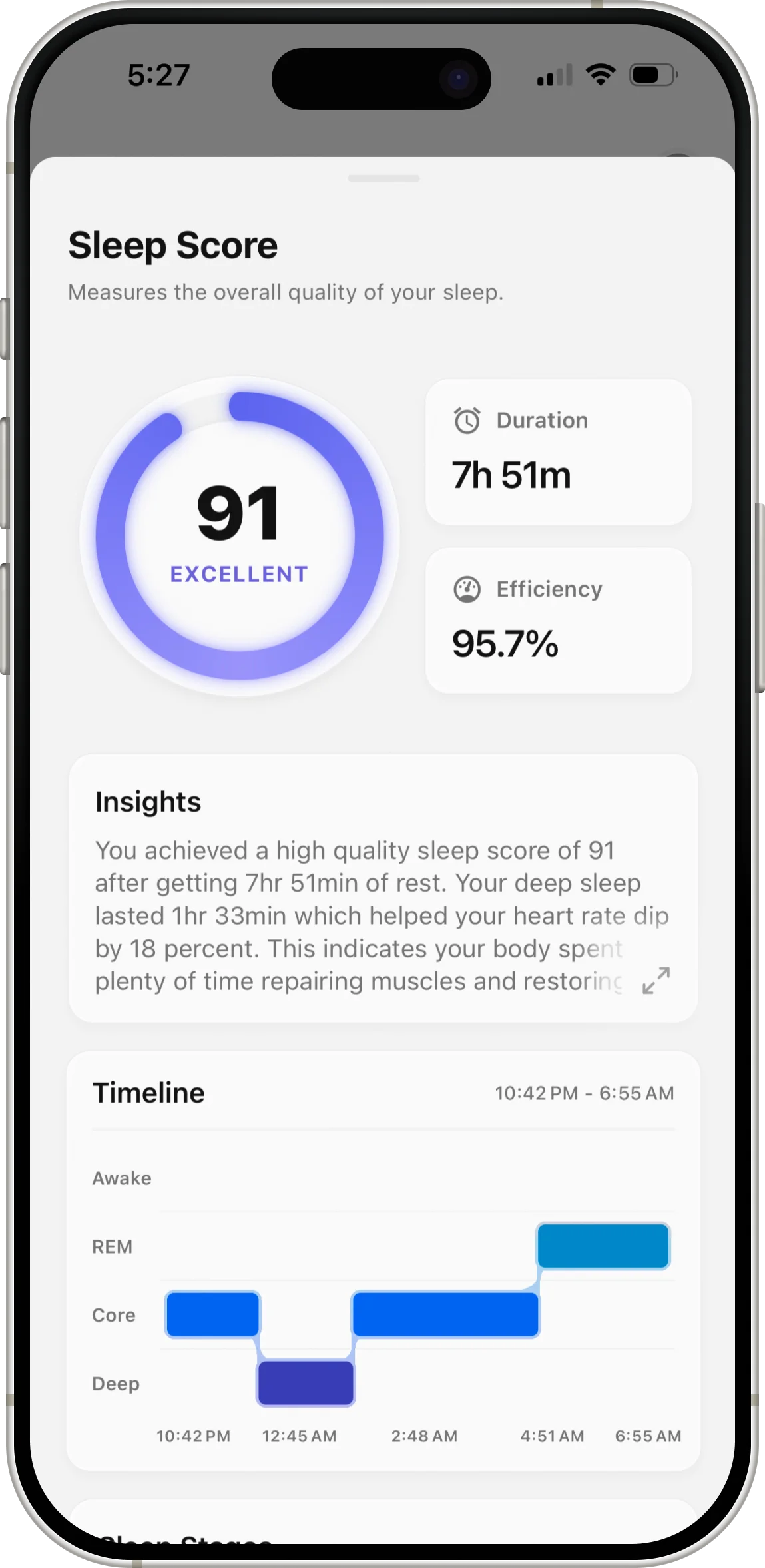 Ness sleep screen showing last night's sleep stages and a recovery trend over time.